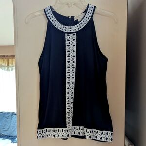 Michael Kors Women's Black Sleeveless Dressy Tank Top With Ivory Crocheted Trim